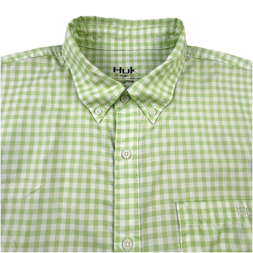 Huk Fishing Shirt Men XXL Green Check Plaid Short Sleeve Performance Vented Fish